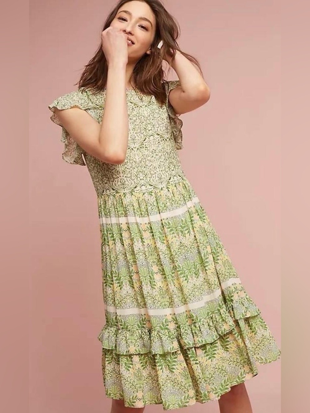 Anthropologie Varun Bahl Lanai Beaded Floral Dress Green Boho Cottagecore Size 4